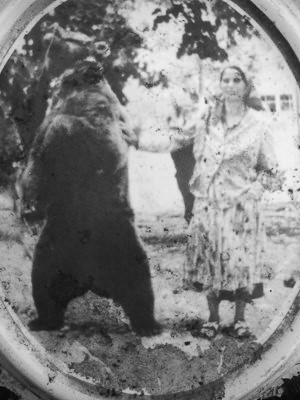 A picture of Baj Radi's wife next to their bear Gosho